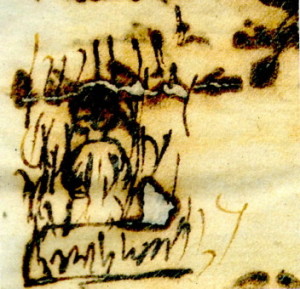Questa immagine di Bruno al rogo è stata realizzata da uno dei prelati testimoni oculari del rogo, da poco ritrovata in un documento dell'Archivio di Stato di Roma