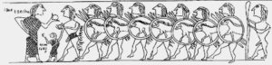 Particolare dei sette giovani guerrieri con l’insegna del cinghiale sullo scudo, animale connesso nel mondo celtico ai Druidi