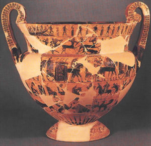 Il Vaso François. Sull’orlo del vaso è dipinta la nave con cui Teseo fa ritorno dopo l’impresa del Minotauro.